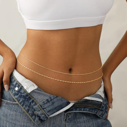 14K Gold Plated Waist Chain for Women Dainty 2Pcs Layered Belly Chain Beaded Pearl Body Chain Belt Set Waterproof Summer Beach Bikini Jewelry Accessories Adjustable Waist Beads Gift - style: 2Pcs Bead&Rope-GD