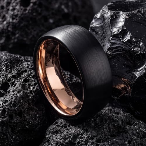 Tungsten Wedding Band Ring 10mm 8mm 6mm 4mm for Men Women 18k Rose Gold Plated Dome Black Grey Brushed Polished - color: 7 Rose Gold Black Tungsten