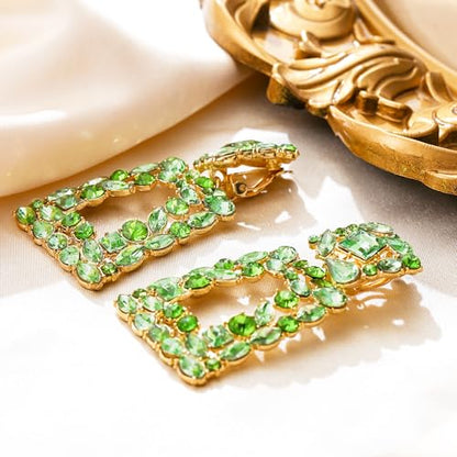 Flyonce Rectangle Clip-on Drop Earrings for Women, Sparkly Rhinestone Crystal Geometric Statement Non Pierced Earring Wedding Prom Party Jewelry for Brides Bridesmaid - color: Light Green