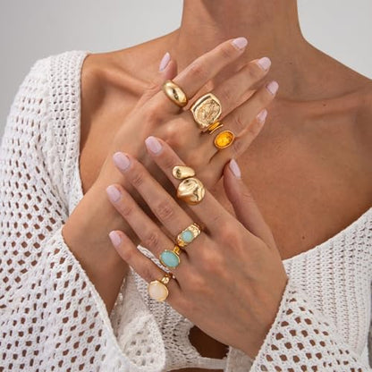 Chunky Rings for Women Stackable Vintage Adjustable Rings for Women Gold Statement Stone Ring Set Non Tarnish Vintage Jewelry - style: Gold 1