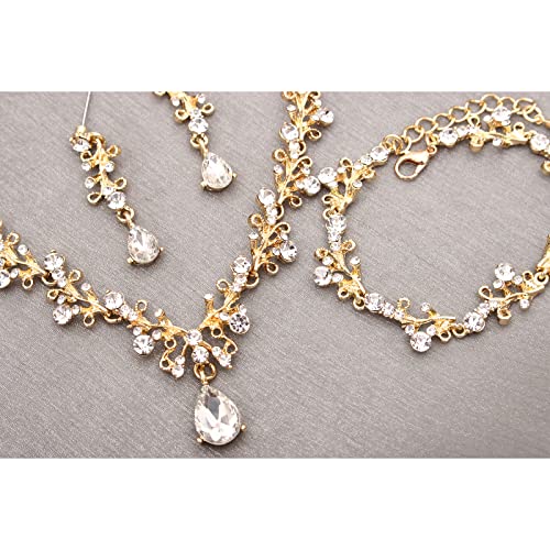 3Pcs Austrian Crystal Jewelry Set for Women, Necklace Dangle Earrings Link Bracelet Jewelry Set with Gold/Platinum/Gun Plated, Wedding Party Jewelry for Bridal Bridesmaid - color: White-Gold Plated