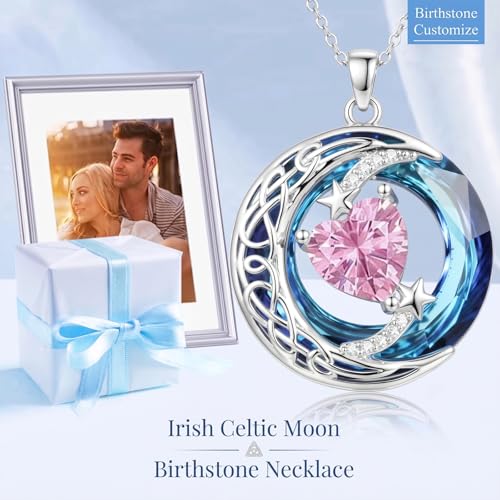 Birthstone Necklace for Women Crystal Moon and Star Pendant White Gold Celtic Moon Jewelry Birthday Graduation Gifts for Wife Her - style: Moon-10