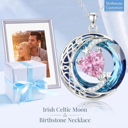 Birthstone Necklace for Women Crystal Moon and Star Pendant White Gold Celtic Moon Jewelry Birthday Graduation Gifts for Wife Her - style: Moon-10