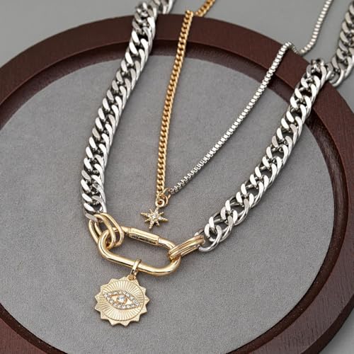 Layered Necklace Set for Women, Mixed Metal Evil Eye Charm Jewelry, Trendy | Mixed Metal Layered Necklace with Evil Eye, Star and Spike Charms for Women Who Love Trendy Boho & Edgy Jewelry - style: 2PCS