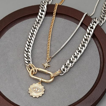 Layered Necklace Set for Women, Mixed Metal Evil Eye Charm Jewelry, Trendy | Mixed Metal Layered Necklace with Evil Eye, Star and Spike Charms for Women Who Love Trendy Boho & Edgy Jewelry - style: 2PCS