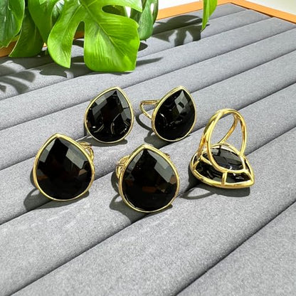 Crystal Ring for Women, Natural Rose Quartz Green Fluorite Ring for Her, Teardrop Shape Gemstone Ring, Handmade rose quartz Jewelry Adjustable Ring. - color: Obsidian