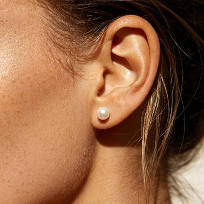 ZLP Oversize 14/12/10mm Classic Round Strong Light Simulated Shell Pearl Earrings 14K Gold Plated Sterling Silver Stud Big Pearl Earrings for Women, - color: Saltwater pearls, size: 8 mm