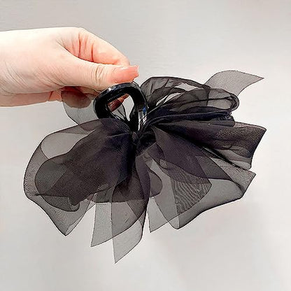 Black Mesh Tulle Bowknot Hair Claw Clips - Large Chiffon Clips for Women's Thick Hair, Elegant Hair Accessories - color: black