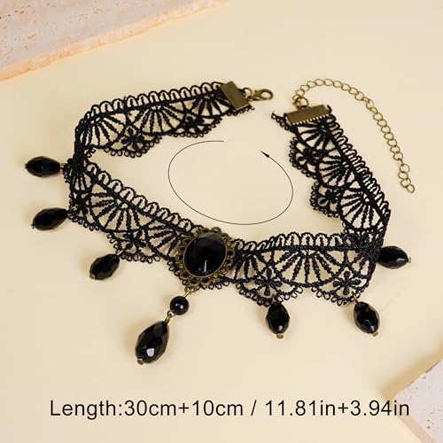 Qceasiy Gothic Black Necklace for Women, Adjustable Victorian Velvet Lace Collar, Halloween Party Cosplay Jewelry Gift - style: Gem Pendant