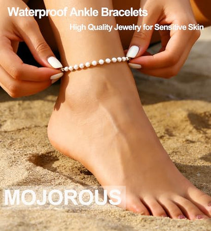 Waterproof Anklet 18K Gold Plated Stainless Steel Ankle Bracelets for Women Figaro Pearls Chain Summer Beach Foot Jewelry 8.5+2 inches