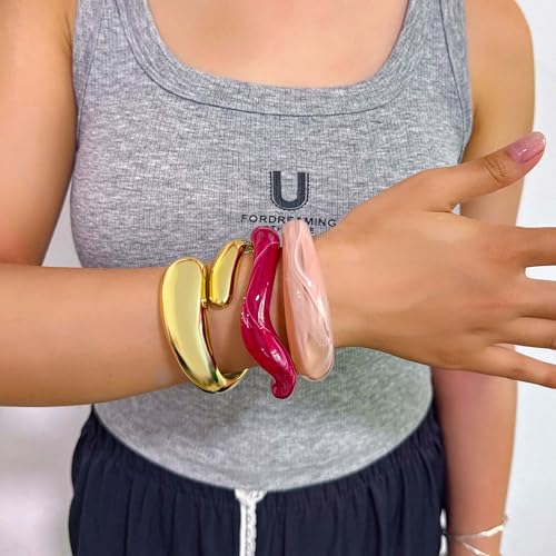 2PCS Chunky Acrylic Bracelet for Women Large Square Resin Cuff Vintage Open Bangle Bracelets Wide Geometric Jewelry - style: D-Gold+Pink+Red