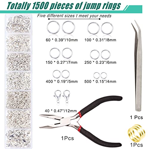 Jump Rings for Jewelry Making Kit, 1500 pcs Jewelry Repair Kit for Necklace Bracelet, Lobster Clasps and Closures Repair Supplies Kit with Pliers Tweezers-Silver - color: Silver