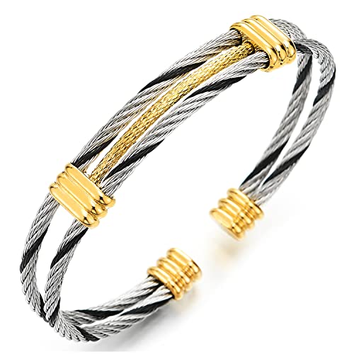 COOLSTEELANDBEYOND Men Women Stainless Steel Twisted Cable Adjustable Cuff Bangle Bracelet - color: H-Metal Color: Silver & Gold & Black
