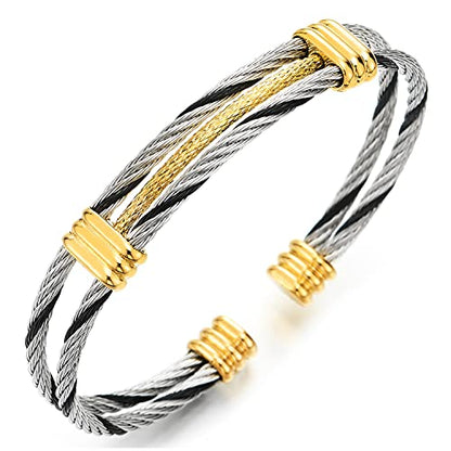 COOLSTEELANDBEYOND Men Women Stainless Steel Twisted Cable Adjustable Cuff Bangle Bracelet - color: H-Metal Color: Silver & Gold & Black