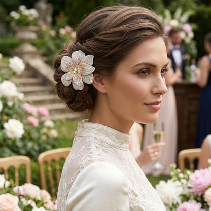 3.74 Inches Rhinestone Camellia Flower Brooch Pins & Hair Clips for Women Elegant Created Crystal Lapel Pin Brooches Wedding Party - color: Champagne & White