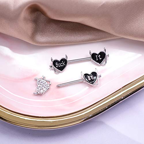 Letter Nipple Ring 14G 316L Surgical Steel Nipple Barbell Heart Shape Devil Body Piercing Jewelry for Women Men - color: Silver