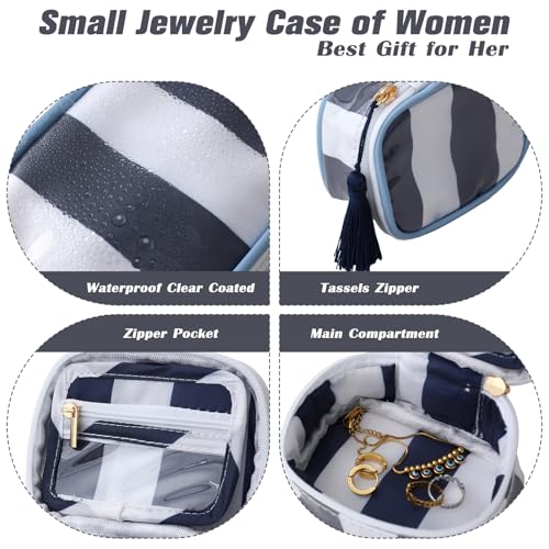 Travel Jewelry Case, White and Navy | Clear Coated, Stripe, Tassels, Mini Storage Box for Ring,Necklace,Bracelet,Gift - color: White+Navy