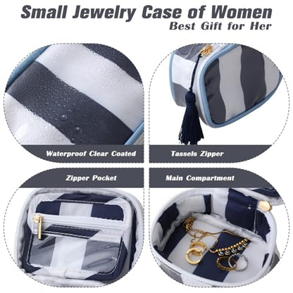 Travel Jewelry Case, White and Navy | Clear Coated, Stripe, Tassels, Mini Storage Box for Ring,Necklace,Bracelet,Gift - color: White+Navy