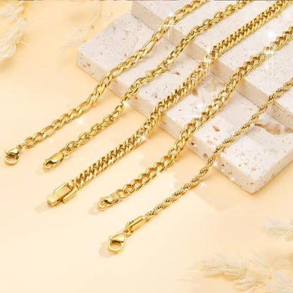 VNOX 5/7 Pcs Chain Bracelet for Men Women - Sturdy Stainless Steel Curb Width Cuban Link Chain Bracelet Set for Men Women,6.5/7/7.4/8.2/9 Inches - style: Gold Plated Link 1