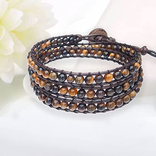 Genuine Stone Wrap Bracelets for Women Natural Crystal Beaded Wrap Bracelet 2/3/5 Adjustable Bohemian Bracelets Jewelry Gifts for Women Mom - color: tiger's eye(3 wraps)