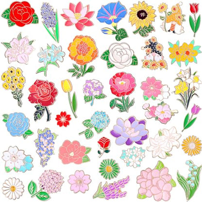 Giegxin 40 Pcs Flower Enamel Pins for Backpacks Floral Lapel Pins Bulk Cute Wildflower Rose Spring Sunflower Tulip Lily Hydrangeas Brooch for Women Mothers Teachers Nurse Gifts - style: Floral