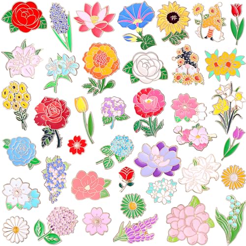 Giegxin 40 Pcs Flower Enamel Pins for Backpacks Floral Lapel Pins Bulk Cute Wildflower Rose Spring Sunflower Tulip Lily Hydrangeas Brooch for Women Mothers Teachers Nurse Gifts - style: Floral