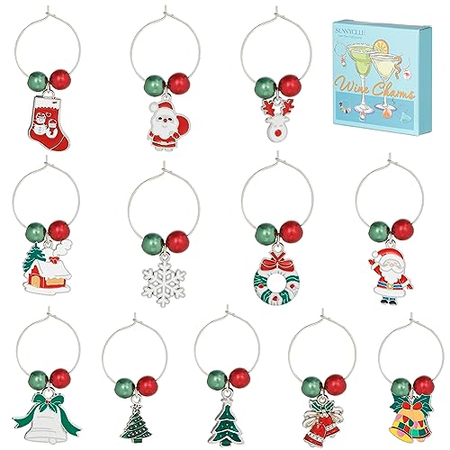 SUNNYCLUE 1 Box 12Sets Christmas Wine Charms Drink Identifiers Silver Wine Glass Markers Enamel Christmas Tree Red Green Beads Beading Rings Drink Identification for Party Tasting Favor - style: 12 Sets Silver Tone Christmas Drink Identifiers & Upgraded G