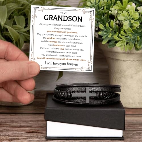 To My GrandSon Bracelet – Cross Braided Leather Bracelet, Meaningful GrandSon Gift from Grandpa & Grandma with Heartfelt Message Card & Elegant Gift Box for Birthday, Christmas, Graduation - color: Version#7