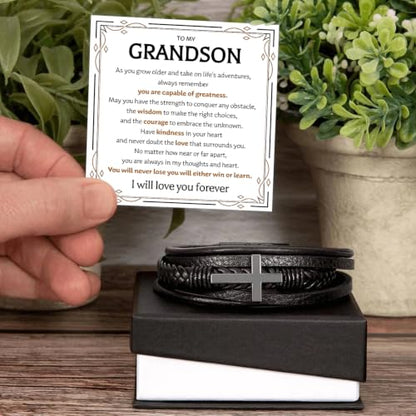To My GrandSon Bracelet – Cross Braided Leather Bracelet, Meaningful GrandSon Gift from Grandpa & Grandma with Heartfelt Message Card & Elegant Gift Box for Birthday, Christmas, Graduation - color: Version#7