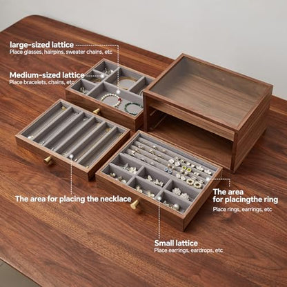 Black Walnut Jewelry Organizer, 3 Layer | Wooden Jewelry Box, For Women, For Necklaces Ring Earring - size: 3 Layer