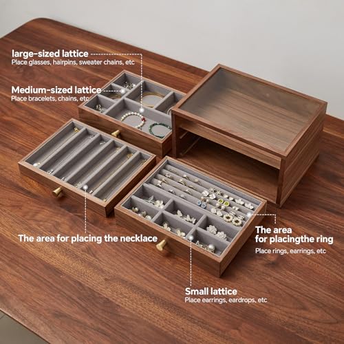 Black Walnut Jewelry Organizer, 3 Layer | Wooden Jewelry Box, For Women, For Necklaces Ring Earring - size: 3 Layer