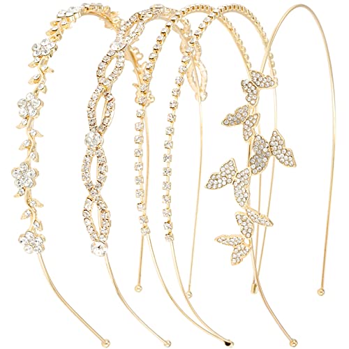 Wecoe 4 Pack Rhinestone Headbands Women Gold Metal Headbands Flower Girl Bridal Wedding Crystal Headpieces Flower Leaf Butterfly Headband Tiara Formal Hair Accessories For Women Girls Halloween Gifts - color: Gold band & silver rhinestones