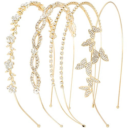 Wecoe 4 Pack Rhinestone Headbands Women Gold Metal Headbands Flower Girl Bridal Wedding Crystal Headpieces Flower Leaf Butterfly Headband Tiara Formal Hair Accessories For Women Girls Halloween Gifts - color: Gold band & silver rhinestones