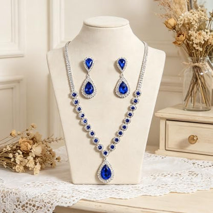 Silver Plated Necklace Earrings Bracelet Crystal Bridal Wedding Jewelry Sets for Wedding princess birthday party Halloween Prom Pageant Jewelry - color: 1-blue