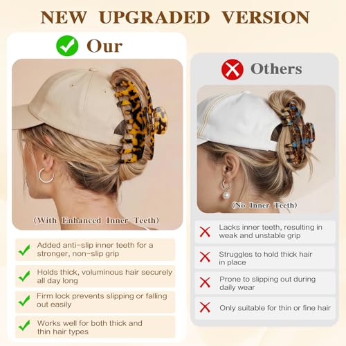 2 Pcs Large Hat Claw Clips for Women, Double Row Teeth Hair Claw Clips | Acetate Tortoise Shell Trucker Hat Hair Clips for Baseball Cap, Fit for Thin Thick Hair Hat Hairstyles,Gifts Hair Accessories