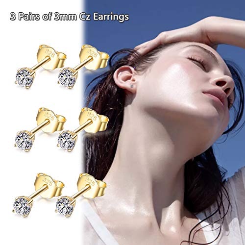 EPIRORA Sterling Silver Stud Earrings for Women Men- 3 Pairs 3mm Tiny Ball Stud Earrings Round CZ Earrings Pearl Earrings Set Cartilage Small Tragus Earrings - style: 3 Pairs-Cubic Zirconia Earrings(Gold)