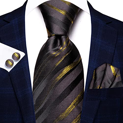 Dubulle Mens Paisley Striped Tie Woven Necktie for Men and Handkerchief Cufflinks Set Wedding Formal Business - color: Black Grey Gold