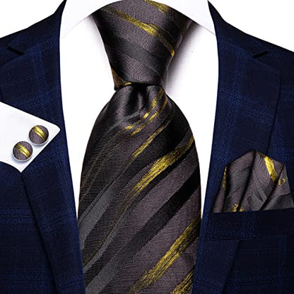 Dubulle Mens Paisley Striped Tie Woven Necktie for Men and Handkerchief Cufflinks Set Wedding Formal Business - color: Black Grey Gold