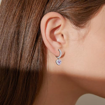 Heart Hoop Earrings with Dangle Sterling Silver Love Heart-Shaped Loop Earrings for Women Hypoallergenic Sparkle Birthstone Cubic Zirconia Hoop Earring with Dangling Charms Dainty Fashion Jewelry Gift - color: Purple