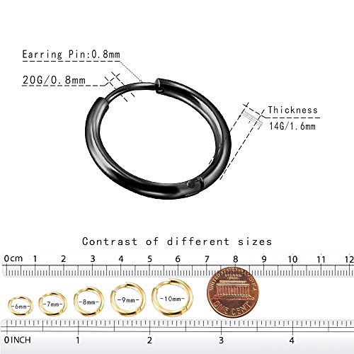 EACHLP Tiny Hoop Earrings 18K Real Gold Plating Surgical Steel Unisex - style: 6/8/10 Black
