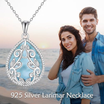 YAFEINI Teardrop Necklace Sterling Silver Filigree Irish Pendant Necklace Natural Stone Moonstone/Lapis Lazuli/Larimar/Moss Agate Necklace Jewelry - color: Larimar Filigree Necklace