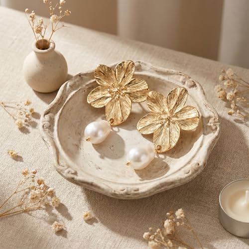 BELLA-Bee Gold Plated Flower Drop Earrings for Women, Dangle Earrings with Pearl, Hypoallergenic Gold Earrings for Sensitive Ears, Elegant Jewelry Gifts - color: 18K Gold Plated Flower-1
