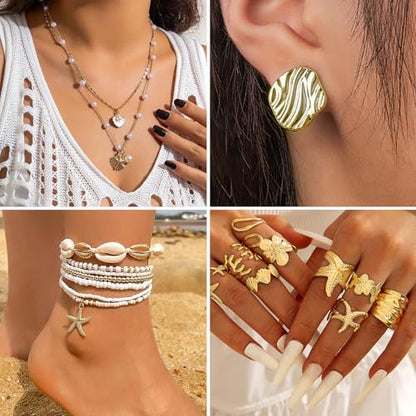 Boho Beach Jewelry Sets for Women | Summer Seashell Starfish Accessories, Necklace, Earrings, Rings Anklet - style: 24pcs Ocean Beach Set