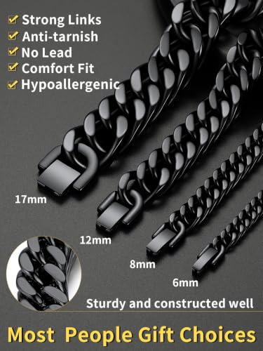 ChainsHouse Stainless Steel Cuban Link Bracelet, 6mm/8mm/12mm/17mm Width, 7.5"/8.3"/9", Black/ 18K Gold Plated Chain Wrist Bracelets for Men Women, Send Gift Box - color: H: Black-6mm width