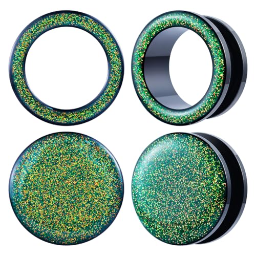 4PCS Shiny Glitter Resin Gauges Stainless Steel Ear Tunnels and Plugs Light blue Green Pink and Dark brown Glitter Colorful Ear Gagues Screw Fit Expander Stretcher Piercings - color: ZS8019H, size: 10mm(00g)