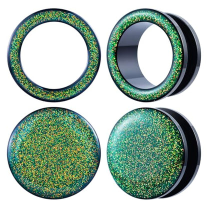 4PCS Shiny Glitter Resin Gauges Stainless Steel Ear Tunnels and Plugs Light blue Green Pink and Dark brown Glitter Colorful Ear Gagues Screw Fit Expander Stretcher Piercings - color: ZS8019H, size: 10mm(00g)