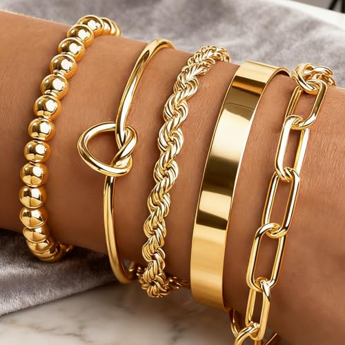 Gold Bracelets for Women, 5 Pcs Non-Tarnish Gold Plated Stackable Bangles with Beaded, Knot, Twisted, Cuff & Chain Designs, Everyday Jewelry Gifts - color: Gold-5pcs