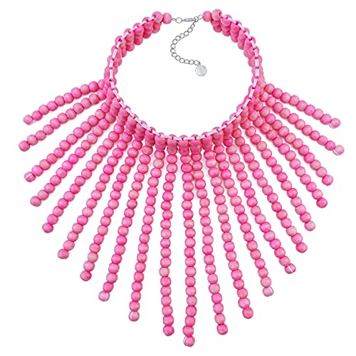 Coiris Boho African Wooden or Acrylic Beaded Bib Statement Necklace Strands Layered Cluster Chunky Collar Choker Wood Necklace for Women Fashion Costume Jewelry - color: Pink