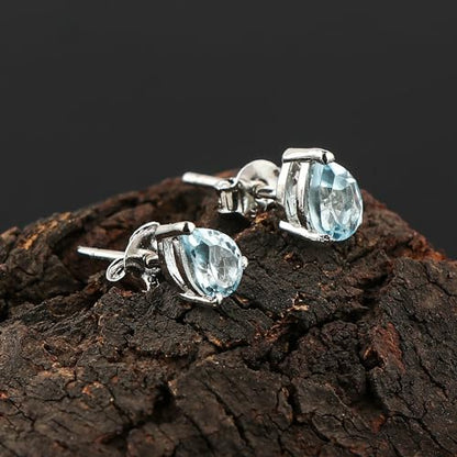 Real Blue Topaz Crystal Studs Earring Pair with Push Backs, Natural Gemstone, Birthstone, Brilliant Cut Pear Crystal, Healing Stone, Gift for Women, 925 Sterling Silver