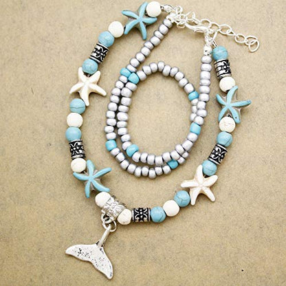 Softones Blue Starfish Turtle Anklet Multilayer Charm Beads Sea Handmade Boho Anklet Foot Jewelry for Women - style: N:Tail